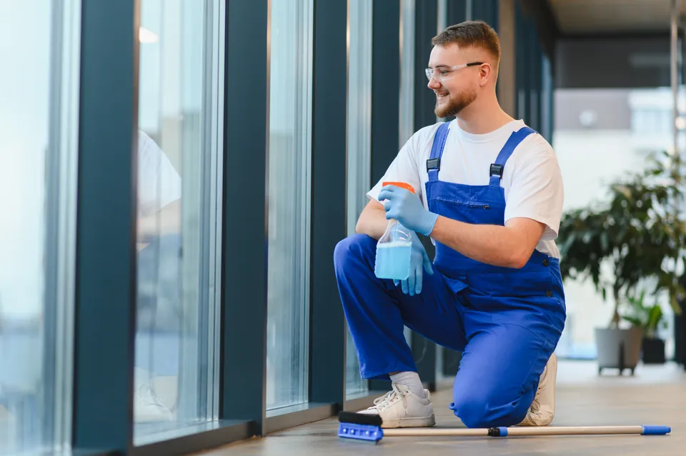 Janitor cleaning office windows