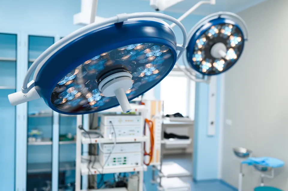 Prepared operating room under surgical lights